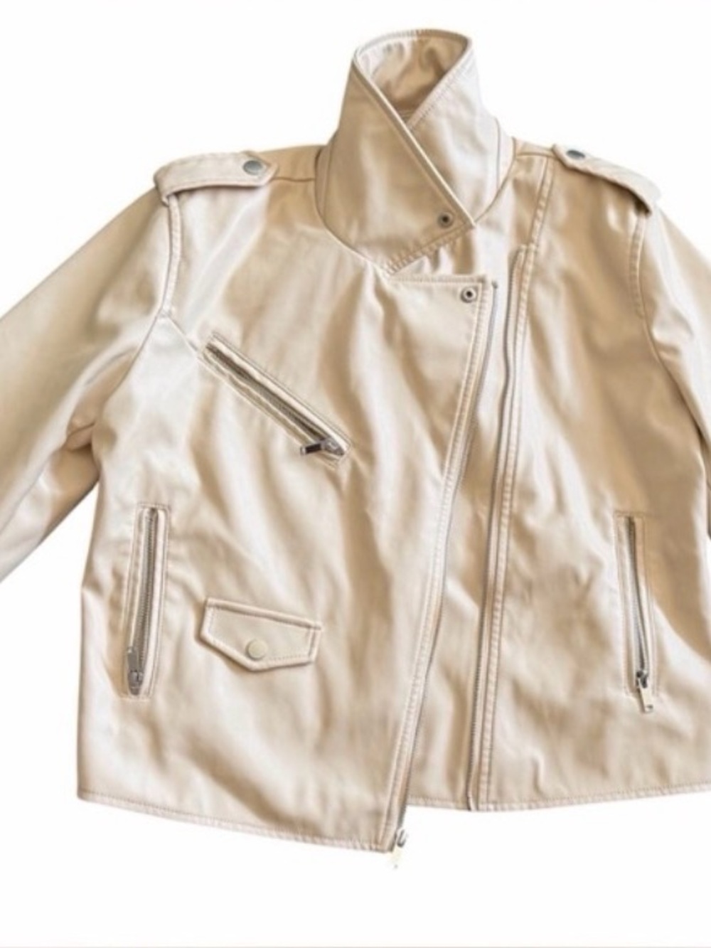 Nine West Women's Size L Beige Moto Biker Jacket L Asym Zip Zipper Snap Pockets